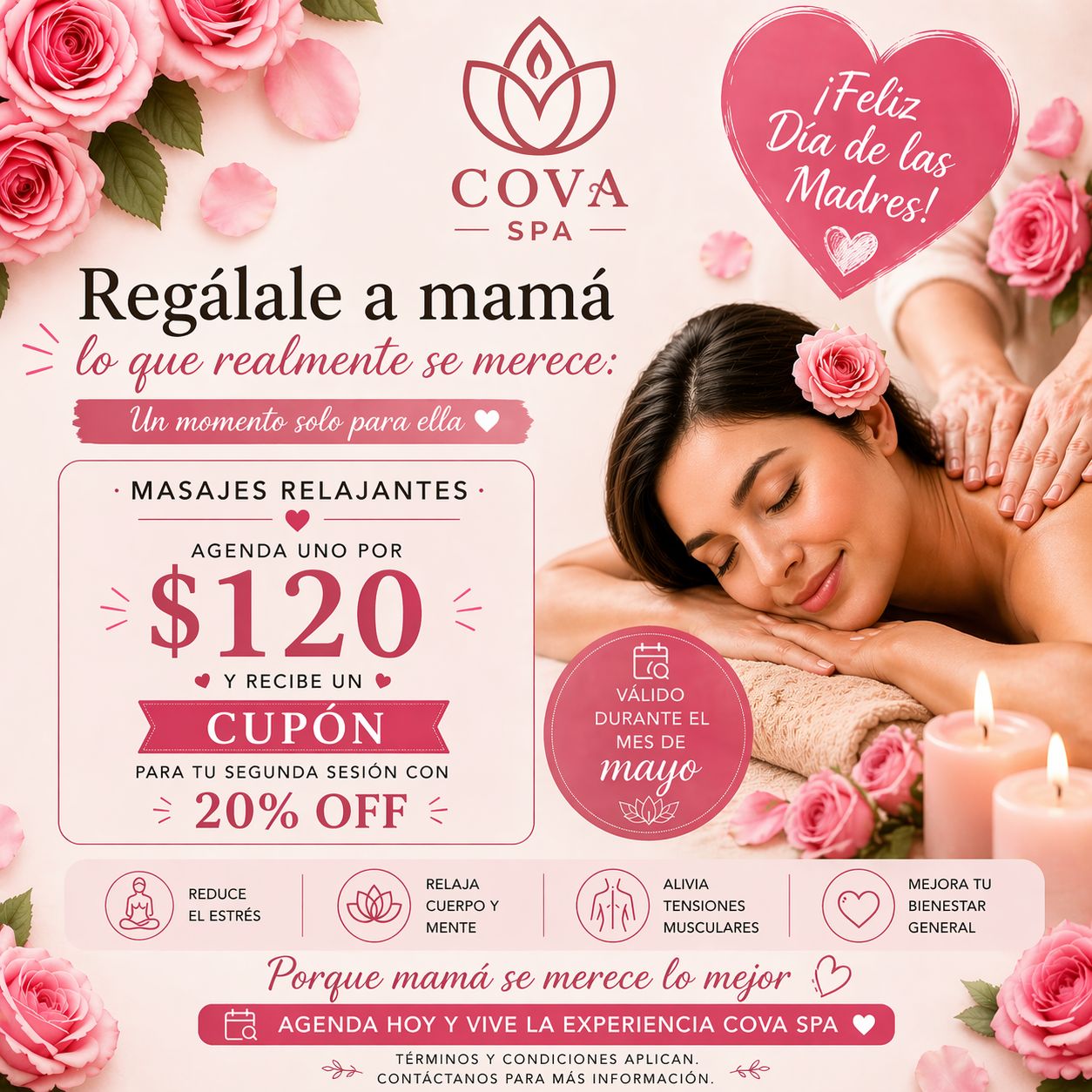 Promo Día de las Madres — Masaje Relajante $120, cupón 20% OFF segunda sesión